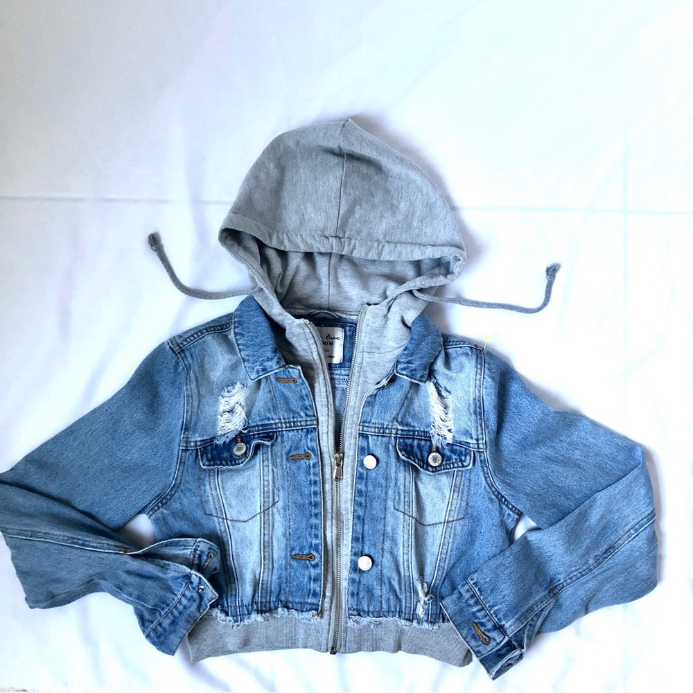 Love Tree, Distress Zip up Jean Jacket with Grey cotton Hoodie Size Junior Small